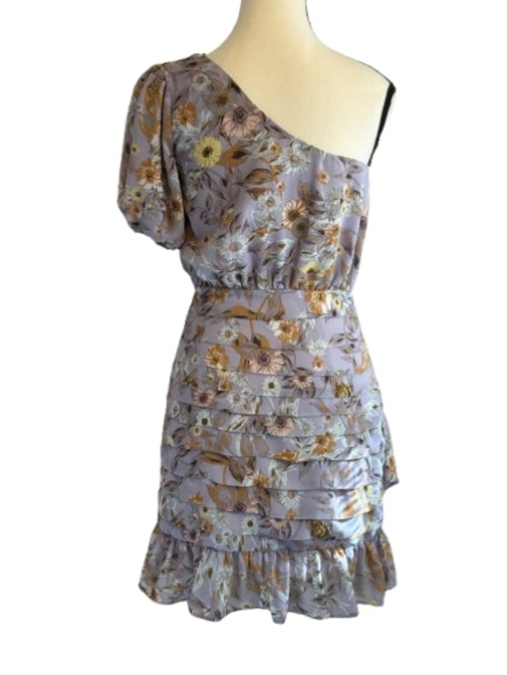 ASTR The Label Periwinkle Floral One Shoulder Ruched Mini Dress S Wedding Guest - Picture 6 of 7